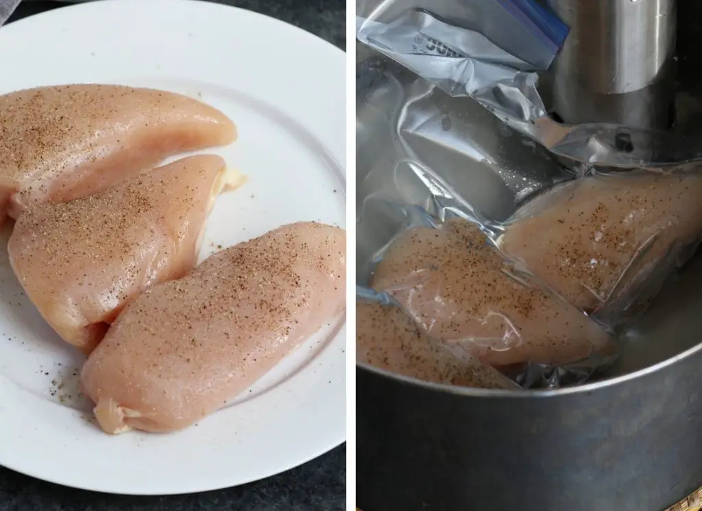 Collage fotografico che mostra come preparare il pollo sbriciolato sotto vuoto.