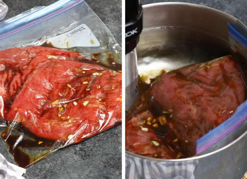 La foto a sinistra mostra il filetto di fianco marinato in una borsa con un sigillo ermetico; un'altra foto che mostra la bistecca di cottura sotto vuoto in un bagno d'acqua.