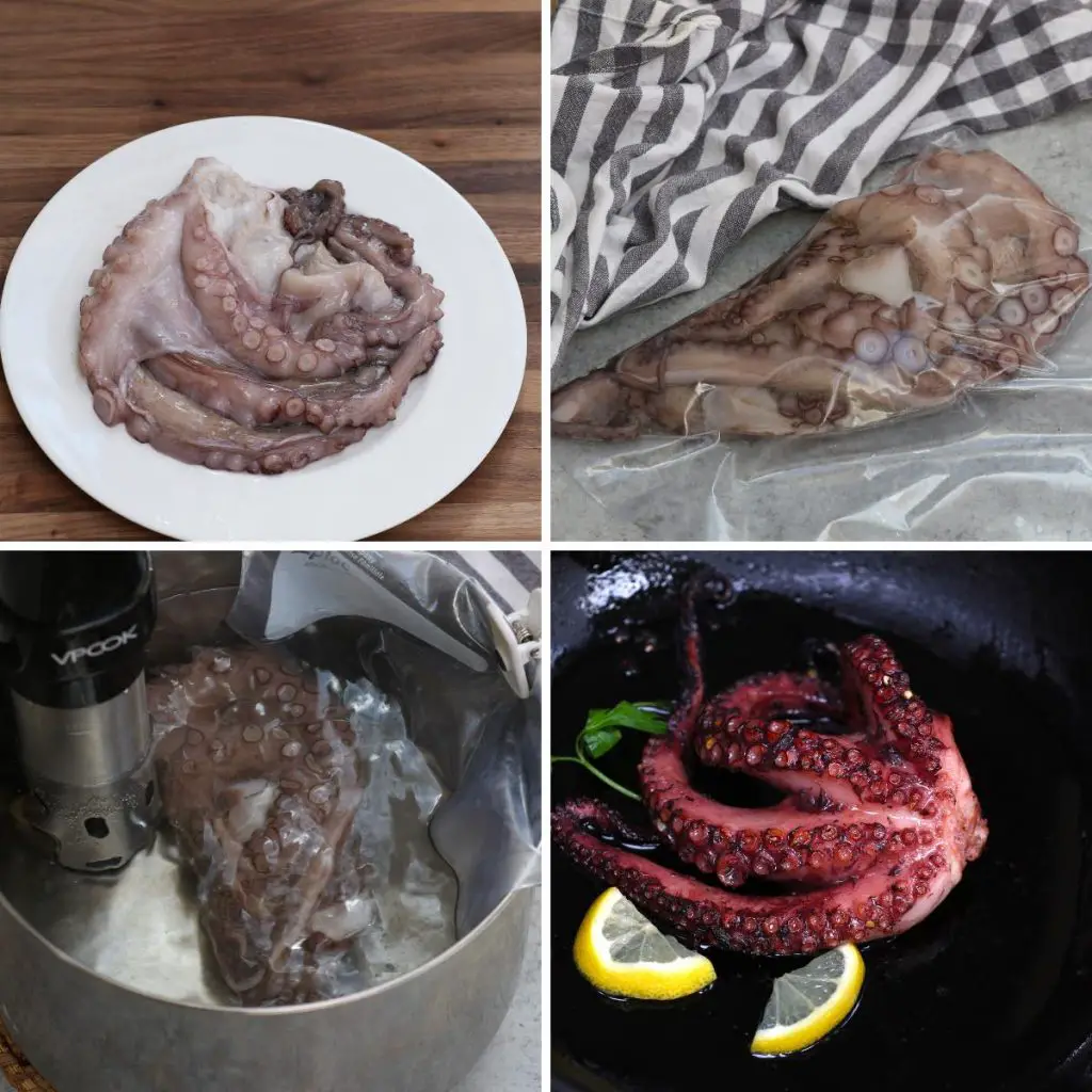 Collage fotografico che mostra come realizzare polpi sotto vuoto con foto dettagliate.