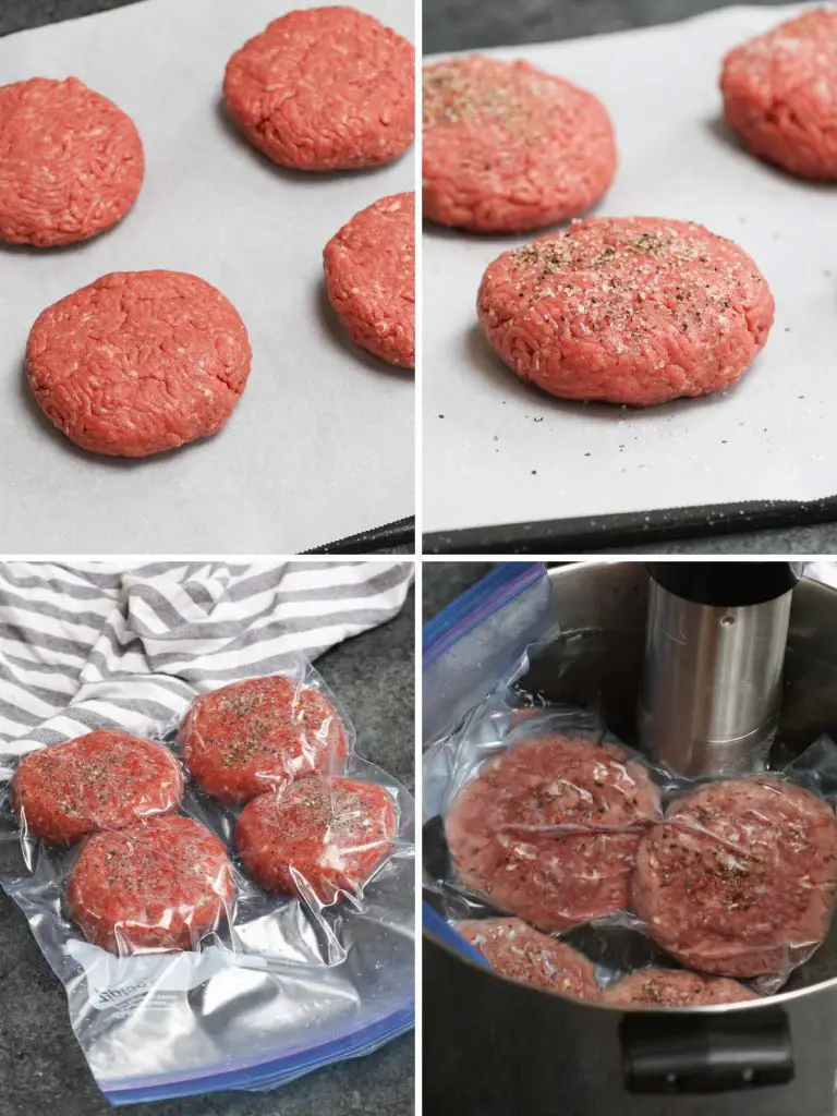 Collage fotografico che mostra come cucinare hamburger sotto vuoto con foto dettagliate.