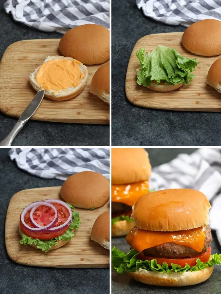 Collage fotografico che mostra come costruire un hamburger con immagini dettagliate.