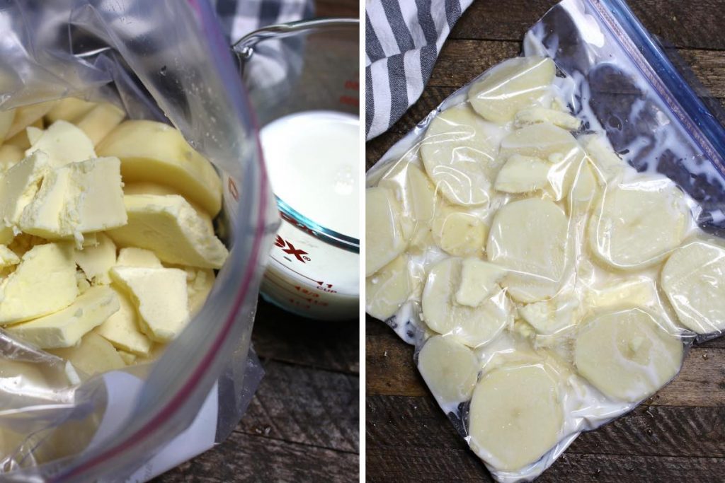 Condire e aspirare le patate a fette in un sacchetto ben sigillato.