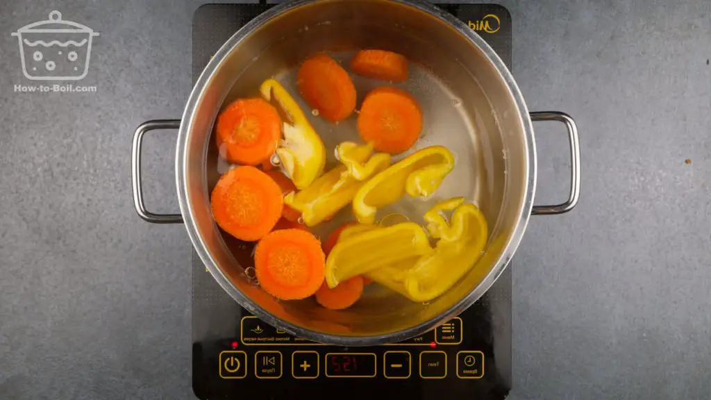sale, carote e peperoni in acqua di riscaldamento